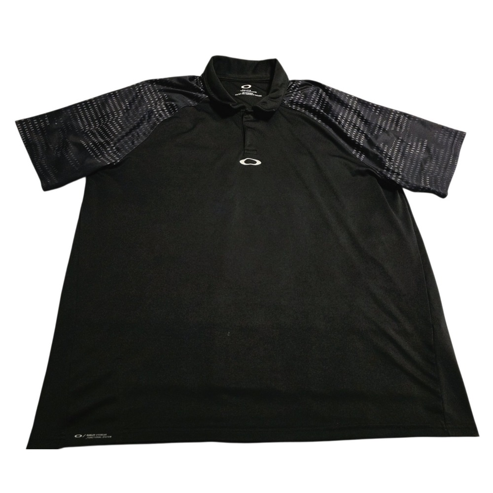 Oakley Mens XXL Golf Polo Shirt Black Gray Pattern Sleeve Performance Dri Fit